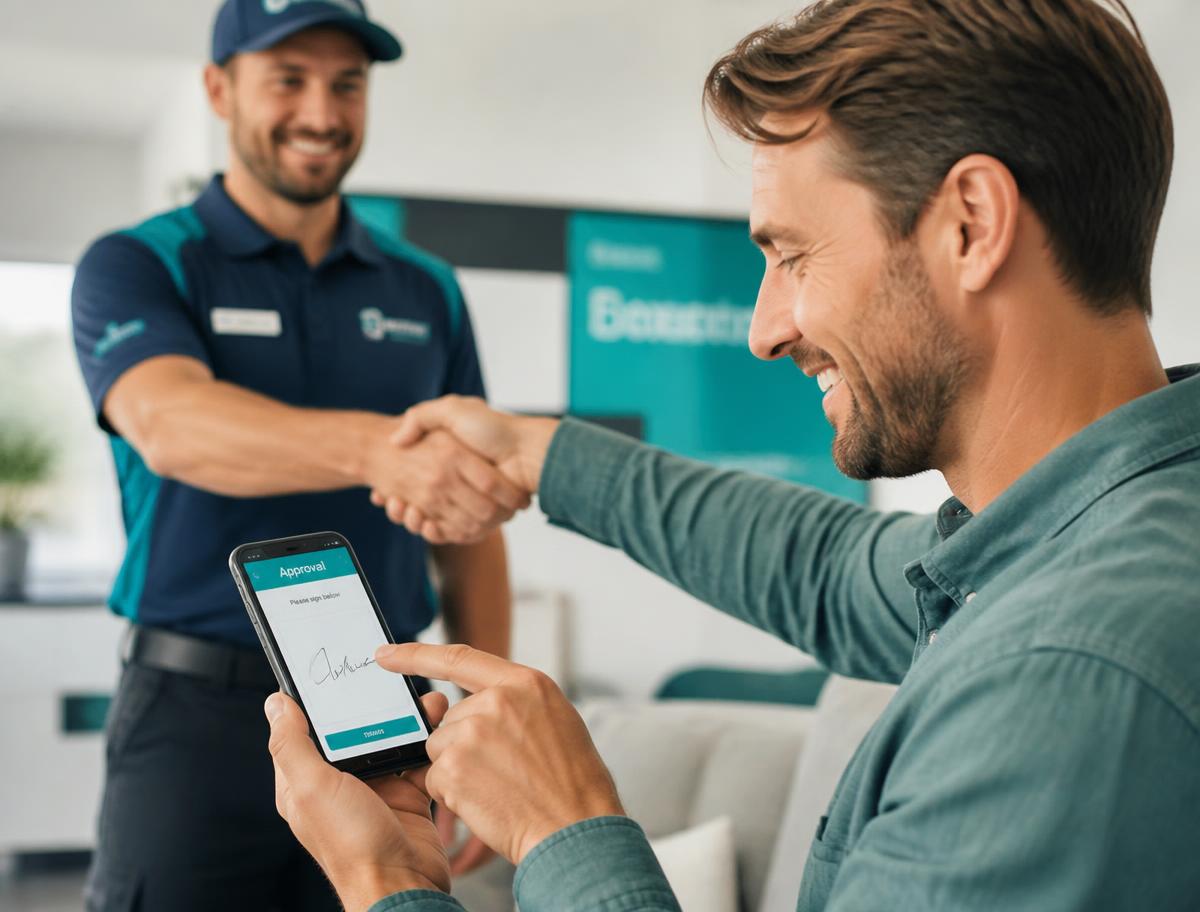 Cliente assinando digitalmente a aprovação do orçamento no celular